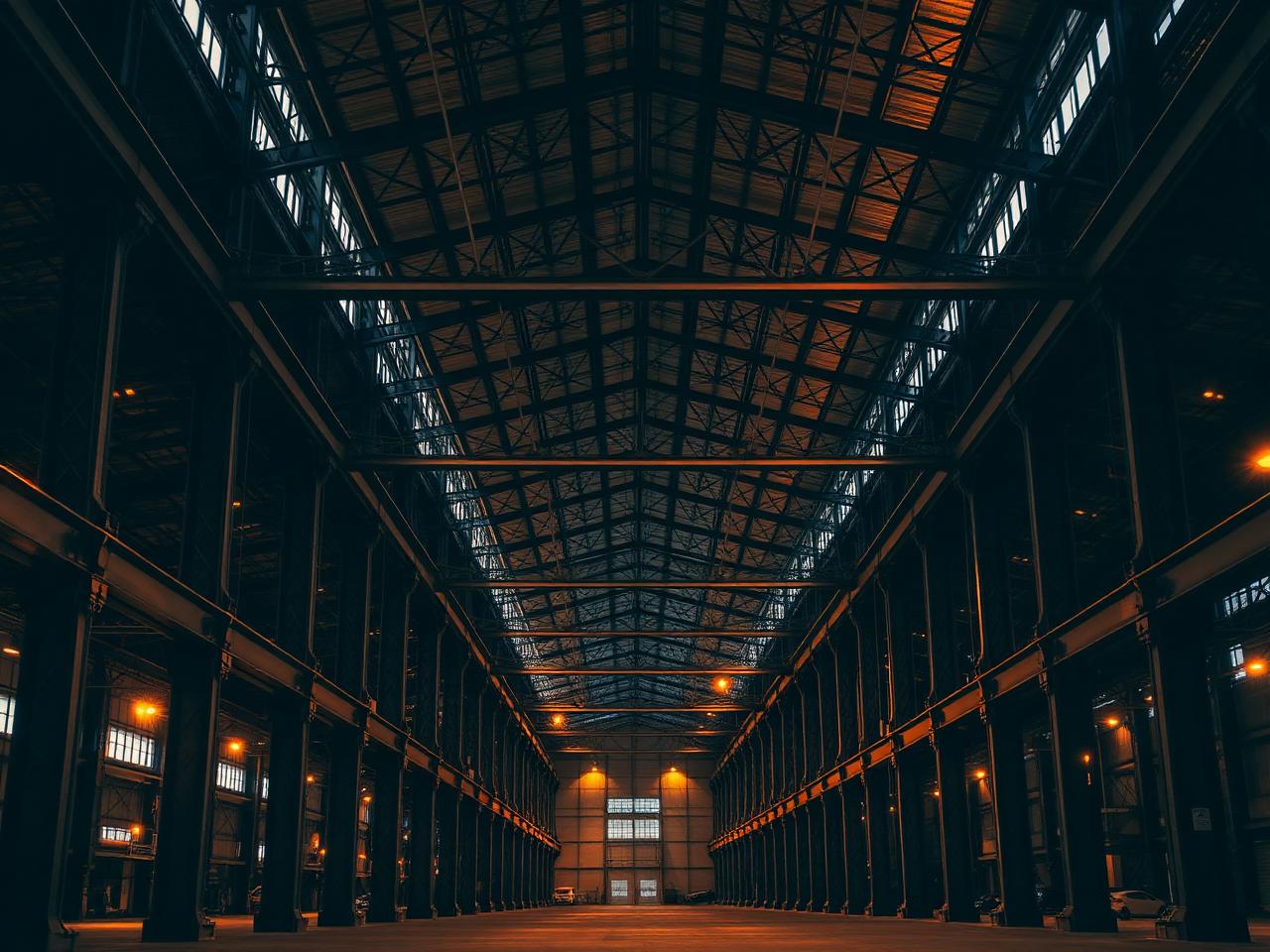 Galpão e estrutura metálica iluminada